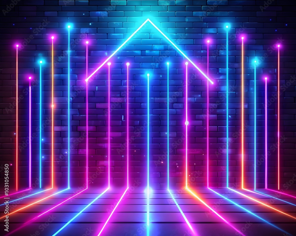 neon light patterns on dark canvas, modern abstract background on a brick wall neon light patterns on dark canvas, modern abstract background on a brick wall