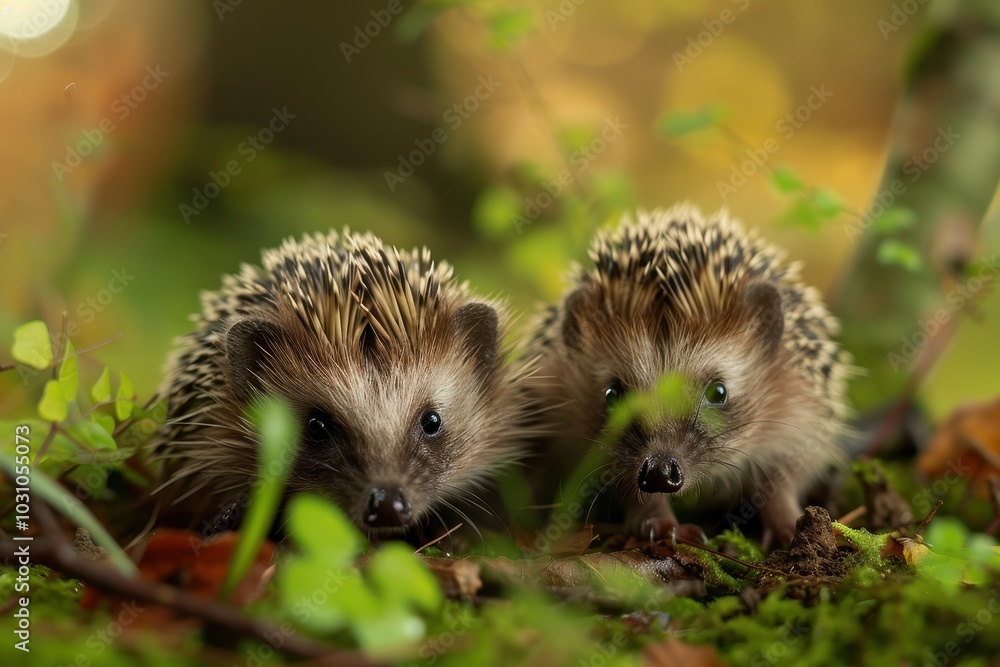 Two hedgehogs exploring a grassy area in the early morning light, surrounded by soft greenery and fallen leaves Two hedgehogs exploring a grassy area in the early morning light, surrounded by soft greenery and fallen leaves