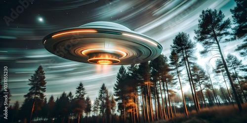 flying saucer speeding through the sky with blurred motion and trees