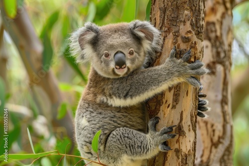 A curious koala clings to a eucalyptus tree in its natural habitat during the day, surrounded by lush green foliage and enjoying a safe perch high above the ground