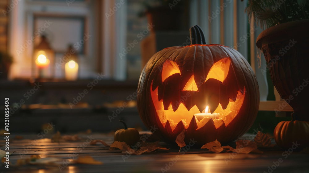 carved pumpkin with a spooky face illuminated by a candle inside, placed on a porch at night carved pumpkin with a spooky face illuminated by a candle inside, placed on a porch at night
