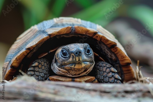 A close-up view of a tortoise resting in its natural habitat surrounded by earthy tones and textures on a sunny day photo