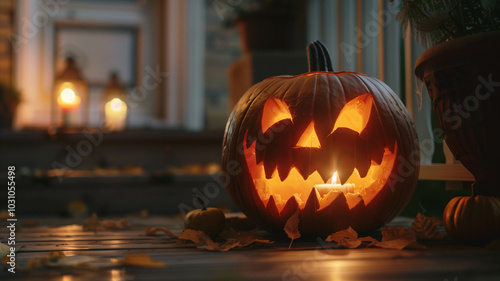 carved pumpkin with a spooky face illuminated by a candle inside, placed on a porch at night