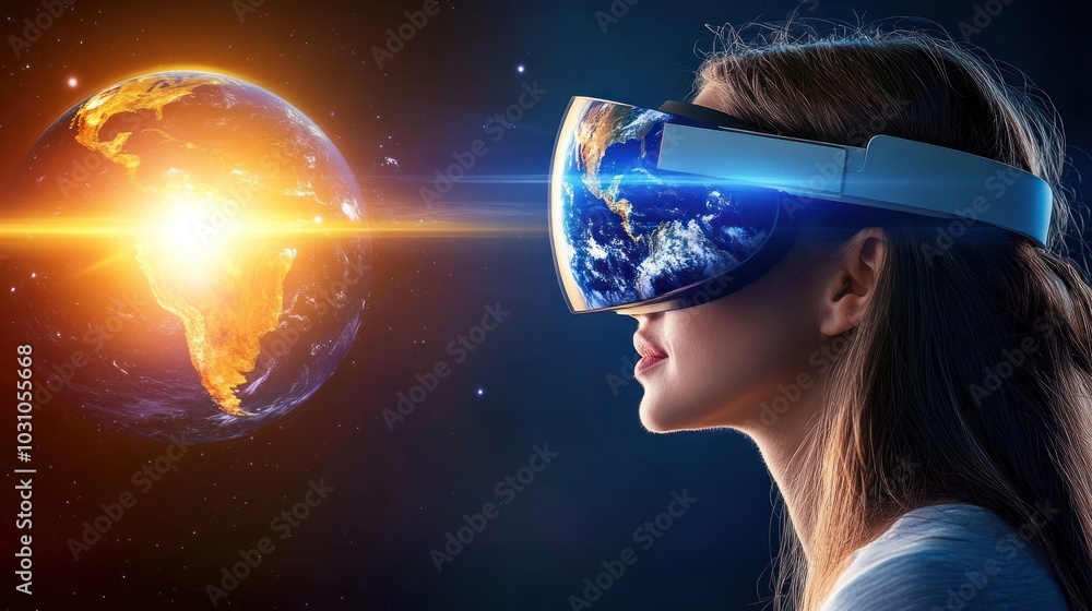 Woman Wearing VR Headset Viewing Earth in Space Woman Wearing VR Headset Viewing Earth in Space