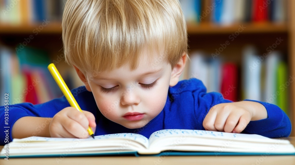 Young child focused on writing in a notebook with a yellow pencil, AI Young child focused on writing in a notebook with a yellow pencil, AI