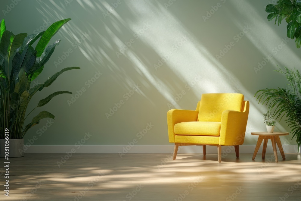 A cozy yellow armchair and side table in a sunlit room with green plants during the afternoon A cozy yellow armchair and side table in a sunlit room with green plants during the afternoon