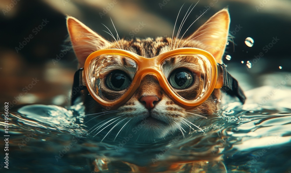 A cat with diving goggles dives in the water. Surreal fun concept of nature, animals and summer. A cat with diving goggles dives in the water. Surreal fun concept of nature, animals and summer.