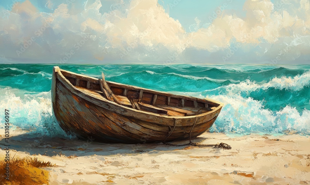 A charming illustration depicting a time-worn wooden boat on a sandy shore. Turquoise waves gently beat against the side of the boat. A charming illustration depicting a time-worn wooden boat on a sandy shore. Turquoise waves gently beat against the side of the boat.