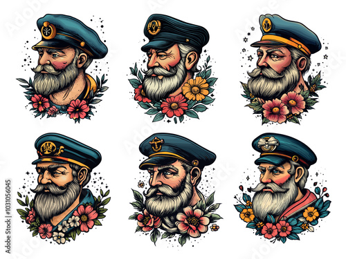 Sailors tattoos. Fisherman or captain head with beard and flowers, old nautical characters emblems, sailor marine tattoo vintage drawing vector illustrations set