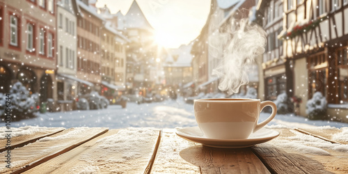 Fototapeta Naklejka Na Ścianę i Meble -  Steaming hot cup of coffee on wooden table in beautiful snow covered typical European town. Sunny cold day on winter time.