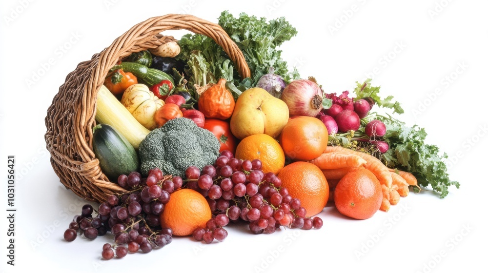 A rustic wicker basket overflowing with vibrant organic produce, a cornucopia of colorful fruits and vegetables. A rustic wicker basket overflowing with vibrant organic produce, a cornucopia of colorful fruits and vegetables.
