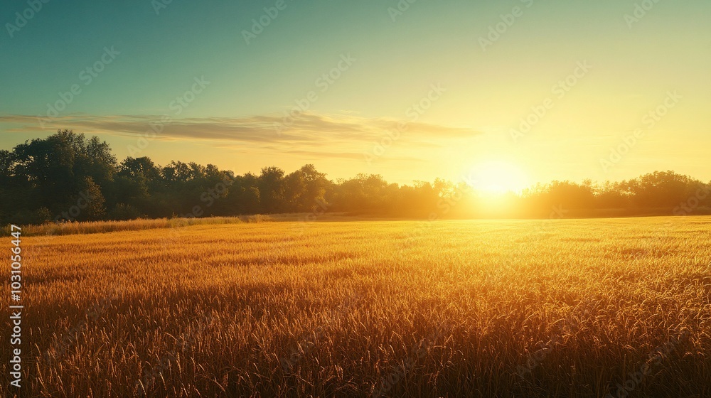 Golden Wheat Field at Sunset with Silhouetted Trees Golden Wheat Field at Sunset with Silhouetted Trees