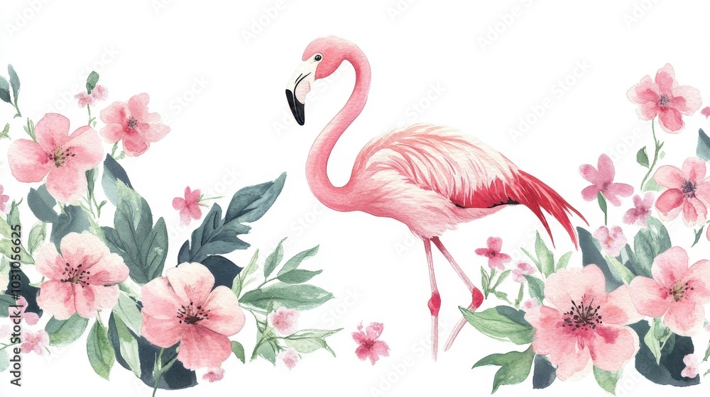 Fototapeta premium Watercolor illustration of a flamingo surrounded by pink flowers and lush leaves, set against an isolated white background. 