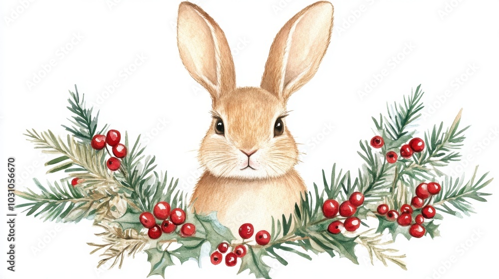 Obraz premium Charming watercolor illustration of a Christmas bunny, set against a white background. This hand-drawn artwork is perfect for a festive greeting card or a winter holiday poster.