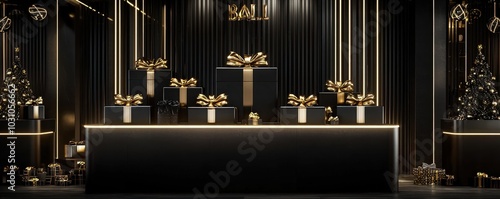 Elegant Black Friday Super Sale Display: Features sophisticated shelving and podium setups that highlight luxurious black gift boxes with golden bows, 