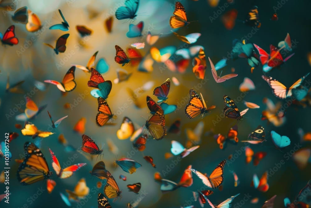 A vibrant swarm of butterflies fills the air in a colorful garden during a sunny afternoon, showcasing nature's delicate beauty and diversity in full display A vibrant swarm of butterflies fills the air in a colorful garden during a sunny afternoon, showcasing nature's delicate beauty and diversity in full display