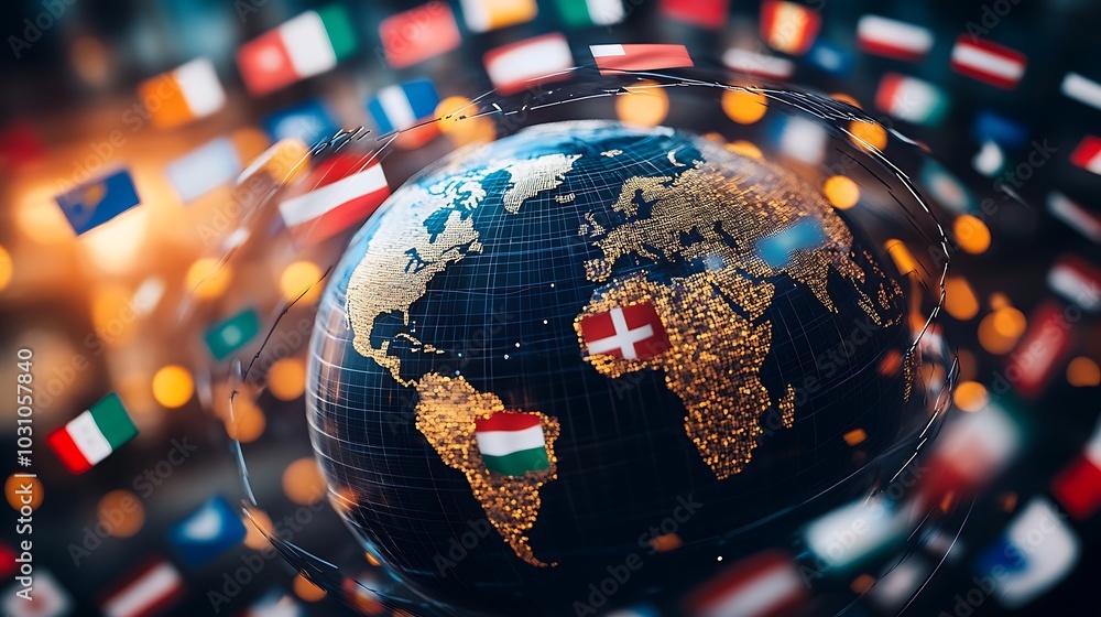 An overhead view of flags from different countries encircling a globe on a digital background, highlighting the connection of global economies through integration. An overhead view of flags from different countries encircling a globe on a digital background, highlighting the connection of global economies through integration.