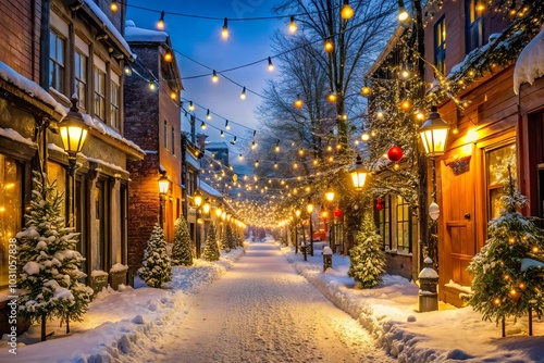 A beautiful snowy street adorned with twinkling Christmas lights and festive decorations during the winter season