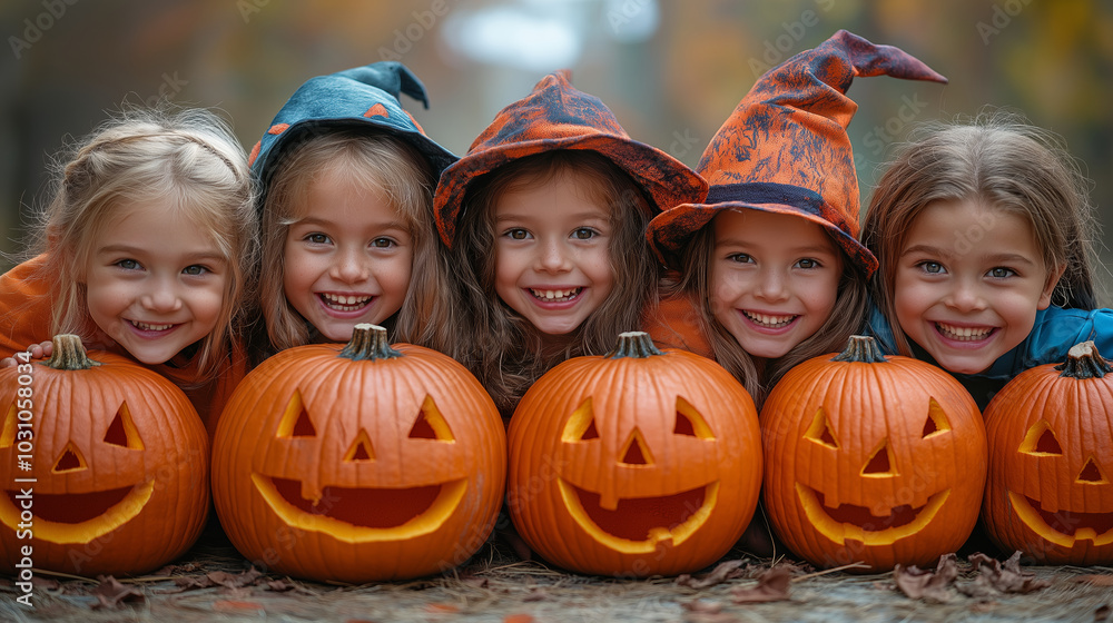 A group of children in Halloween costumes smiling behind carved pumpkins, embodying the festive joy and excitement of Halloween in an outdoor autumn setting. A group of children in Halloween costumes smiling behind carved pumpkins, embodying the festive joy and excitement of Halloween in an outdoor autumn setting.