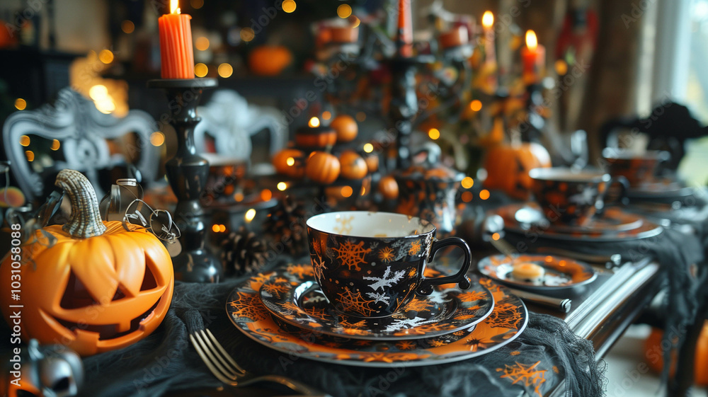 festive Halloween table setting with themed plates, cups, and decorations, ready for a party festive Halloween table setting with themed plates, cups, and decorations, ready for a party
