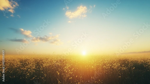 Golden Field at Sunset with Clouds