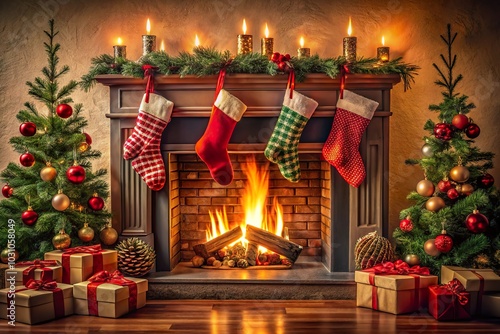 A cozy fireplace glowing with warmth, adorned with stockings and festive decorations for a cheerful holiday atmosphere