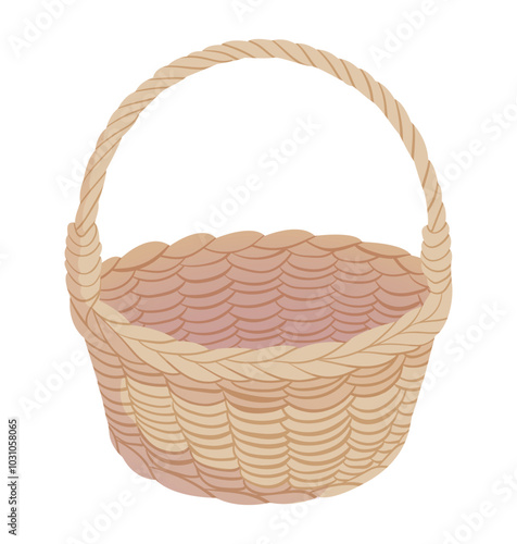 Wicker basket. Empty woven hamper for autumn harvest of vegetables, mushrooms, or fruits, picnic food and drinks, knitting threads, or gifts. Vector illustration isolated on white background.
