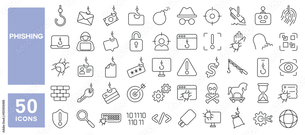 Set of 50 line icons related to phishing, scam, attack, fraud, steal ...