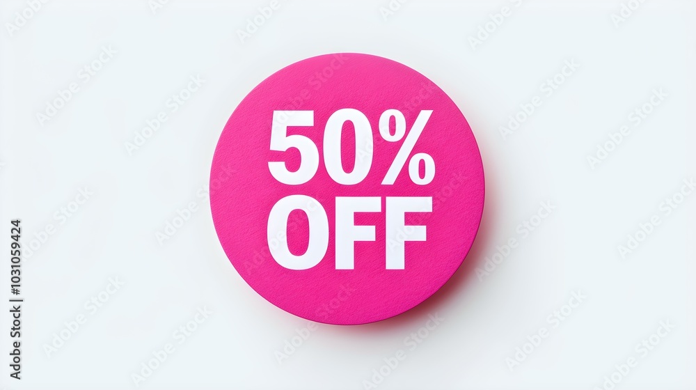 White '50% OFF' Text on a Fuchsia Round Paper Note. White Background with Copy Space White '50% OFF' Text on a Fuchsia Round Paper Note. White Background with Copy Space