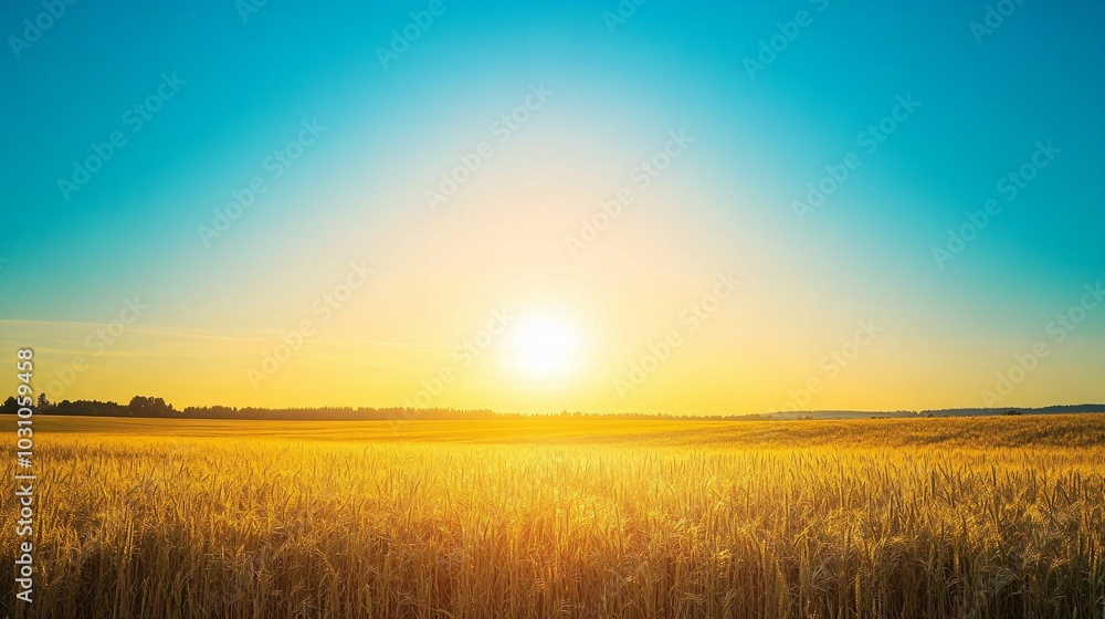 Golden wheat field bathed in warm sunlight at sunset Golden wheat field bathed in warm sunlight at sunset