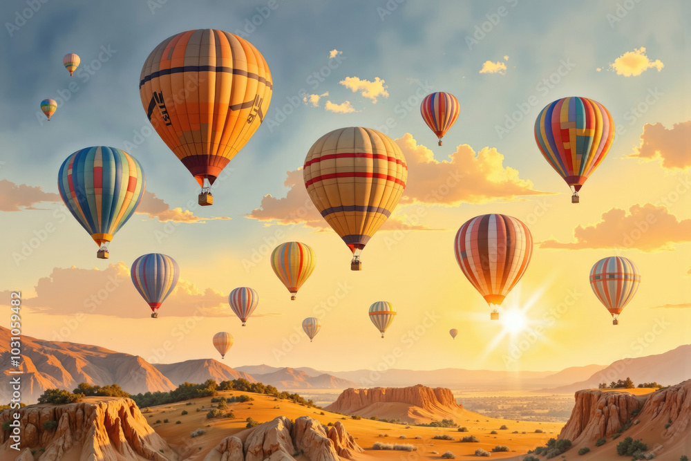 Naklejka premium Hot air balloons flying over scenic desert landscape at sunset