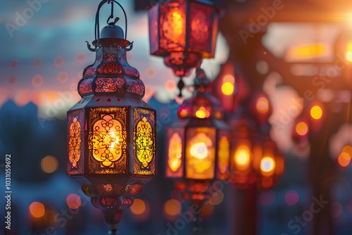 A row of colorful lanterns lit up at night