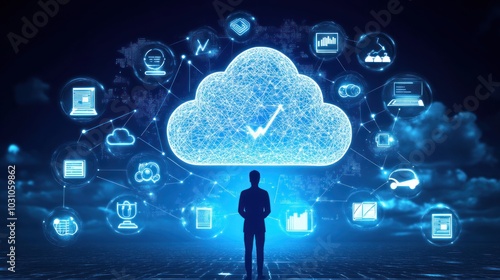 Businessman Standing Before a Cloud Computing Network with Digital Icons