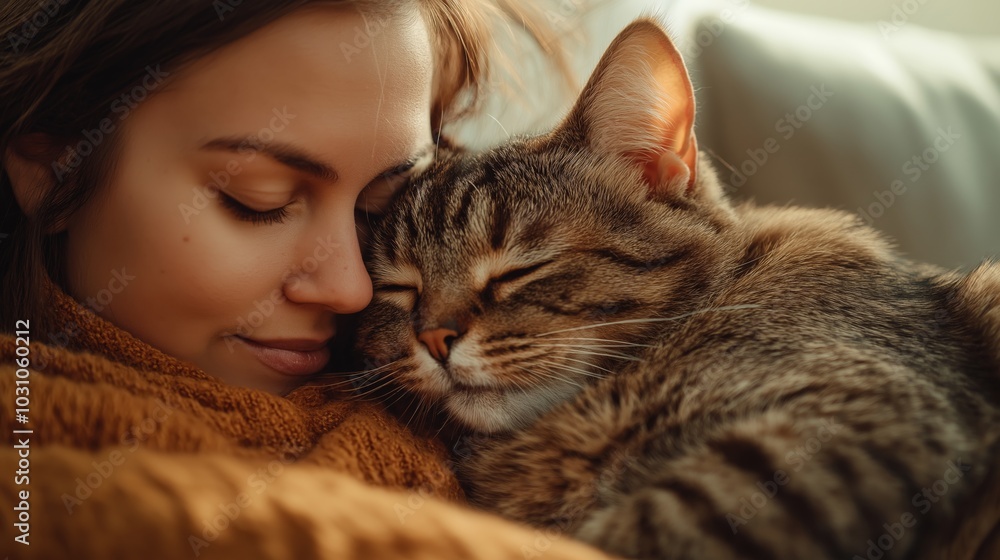 Woman snuggling with a sleeping cat, wrapped in a warm blanket. Cozy indoor scene with soft natural lighting. Wellness at home. Woman snuggling with a sleeping cat, wrapped in a warm blanket. Cozy indoor scene with soft natural lighting. Wellness at home.