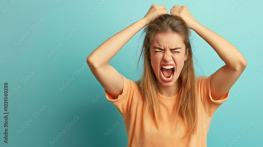 Nervous angry woman showing stress and anger, a frustrated and unhappy annoyed female person shouting, with a problem, pulling her hair in anxiety Nervous angry woman showing stress and anger, a frustrated and unhappy annoyed female person shouting, with a problem, pulling her hair in anxiety
