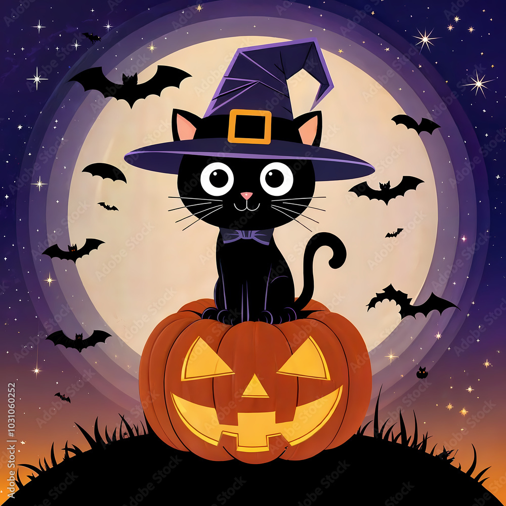 An illustration of a black cat wearing a Halloween costume, sitting on a pumpkin. The costume is a wizard hat. The background is a starry night sky with a large very full moon. An illustration of a black cat wearing a Halloween costume, sitting on a pumpkin. The costume is a wizard hat. The background is a starry night sky with a large very full moon.