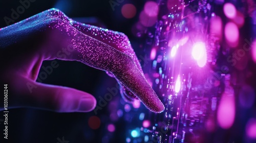 A hand is touching a glowing purple object