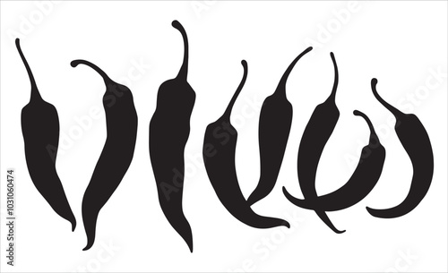 Set of hot chili pepper silhouettes, isolated. Vector illustration perfect for culinary themes, spice-related designs, and food projects. Ideal for adding a touch of heat to graphics.