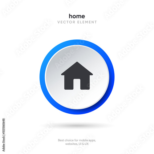 3d minimal modern home, homepage, base, main page, house push button icon emblem symbol, sign. 3d home icon. Mobile app icons. Device UI UX mockup. Isolated vector elements.
