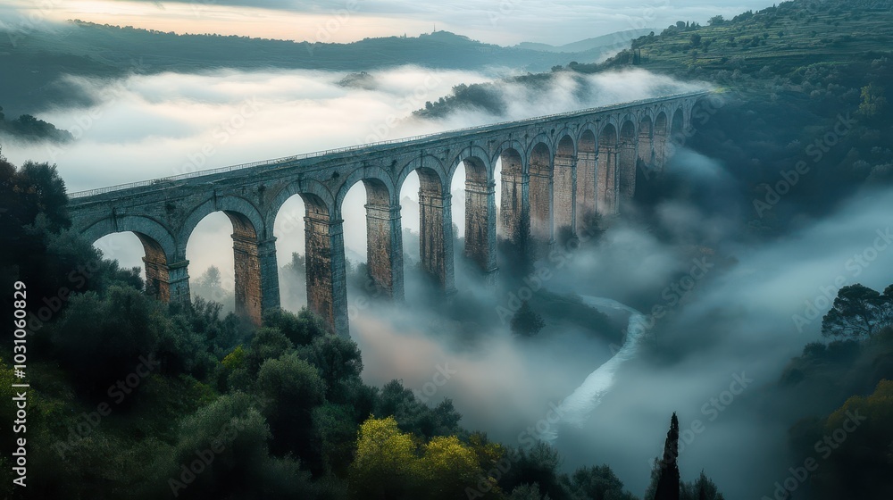 Aqueduct rising above fog-covered valley arches visible above swirling mist at dawn Aqueduct rising above fog-covered valley arches visible above swirling mist at dawn