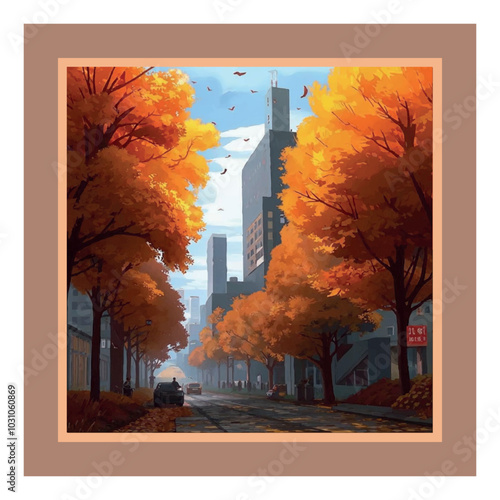 Print cityscape vector for printing on background color Mocha Mousse - color of 2025 according to Pantone