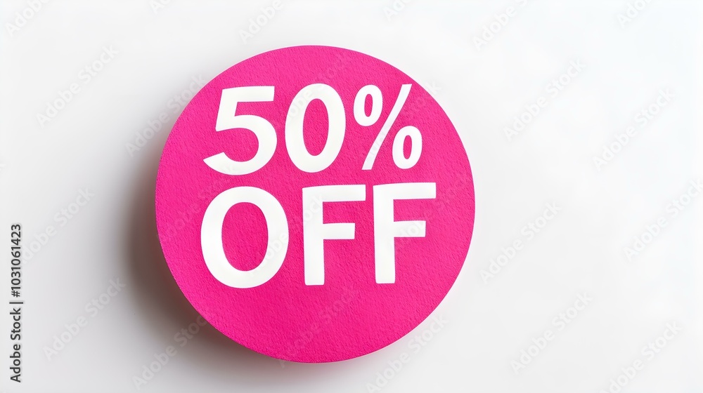 White '50% OFF' Text on a Hot Pink Round Paper Note. White Background with Copy Space White '50% OFF' Text on a Hot Pink Round Paper Note. White Background with Copy Space