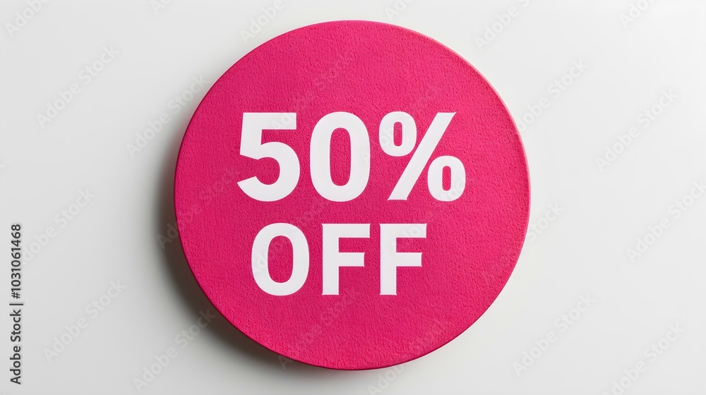 White '50% OFF' Text on a Hot Pink Round Paper Note. White Background with Copy Space White '50% OFF' Text on a Hot Pink Round Paper Note. White Background with Copy Space