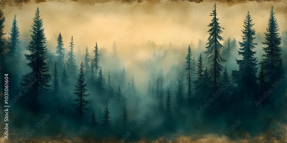 A misty forest with tall evergreen trees, creating a serene and ethereal atmosphere. A misty forest with tall evergreen trees, creating a serene and ethereal atmosphere.