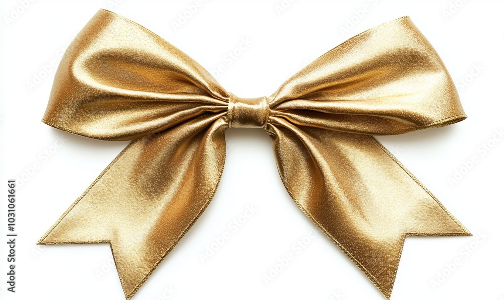 A gold ribbon bow is shown on a white background A gold ribbon bow is shown on a white background