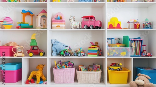 White Bookshelf Filled with Colorful Toys and Books