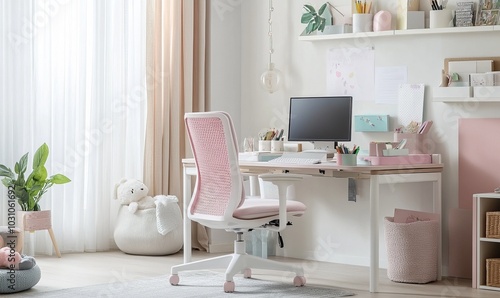 A pastel pink and white children\'s mesh back chair adds comfort to a cozy study area for focused learning