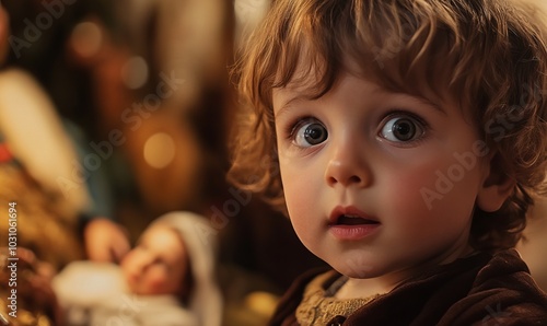 Child's wide-eyed expression as they gaze at a Christmas nativity scene, filled with wonder and awe