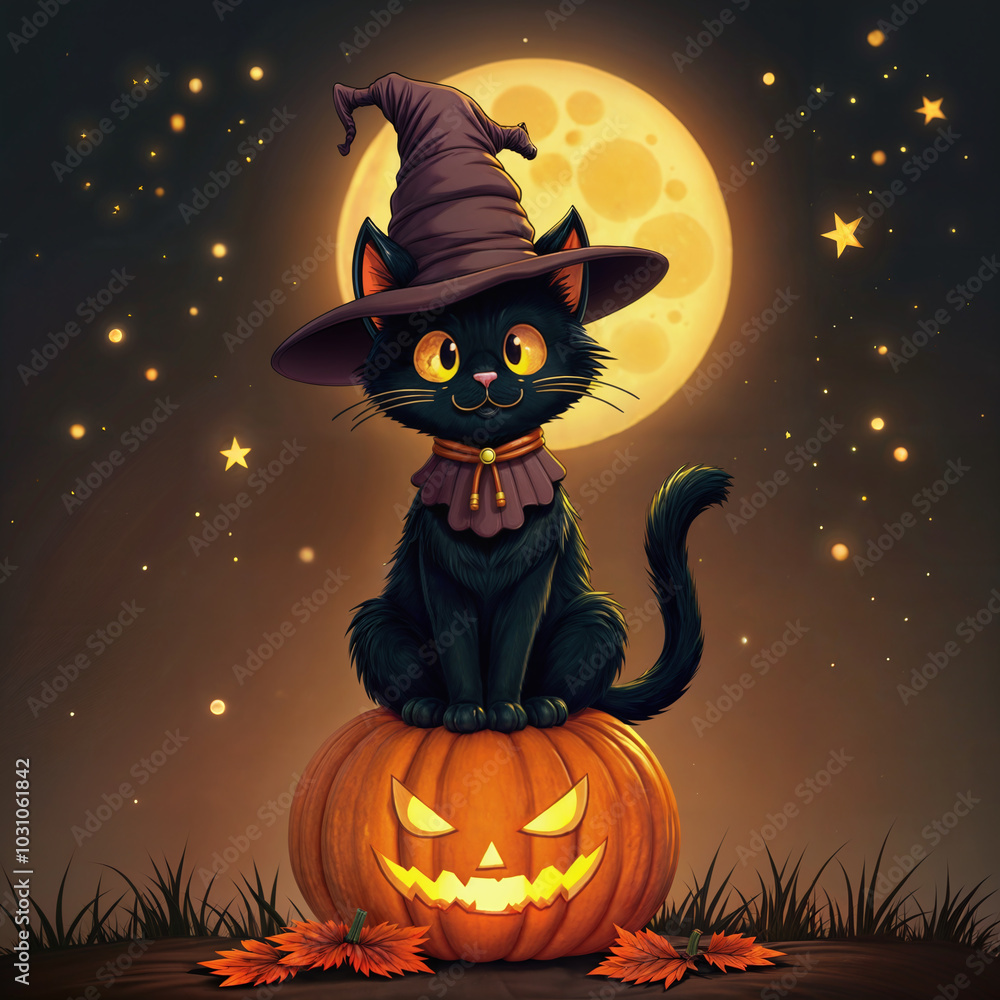Fototapeta premium An illustration of a black cat wearing a Halloween costume, sitting on a pumpkin. The costume is a wizard hat. The background is a starry night sky with a large very full moon.