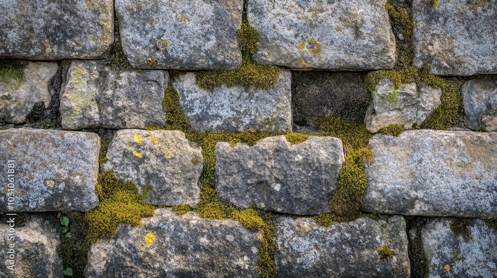 Close-up of weathered stone blocks on aqueduct moss and lichen present bright light enhances the fine aged textures Close-up of weathered stone blocks on aqueduct moss and lichen present bright light enhances the fine aged textures